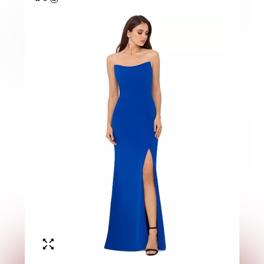 Betsy & Adam Strapless Royal Blue Evening Gown with High Side Slit | 6
